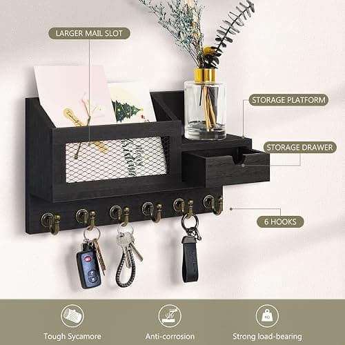 FifthQuarter Key and Mail Holder for Wall, Mail Organizer Wall Mount with 6 Hooks and Storage Drawer, Easy Installation Key Rack for Entryway and Home Decor (B-Black) - B-Black thumbnail 5
