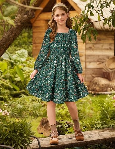 GRACE KARIN Girls Fall Dress Floral Long Sleeve Midi with Smocked Waist for Holiday Party 6-14Y thumbnail 2
