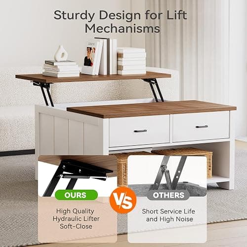 Vividwood Farmhouse Lift Top Coffee Table with Storage, Rustic Square Wood Coffee Table with Large Hidden Compartment & 2 Drawers & Open Shelf, Multifunctional Lift-Top Center Table for Living Room thumbnail 6