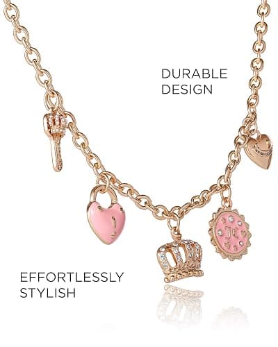 Juicy Couture Charm Necklace for Women, 16-18"+2" Gold-Tone Necklace Juicy Logo Charms with Pink Enamel and Clear Crystals thumbnail 5