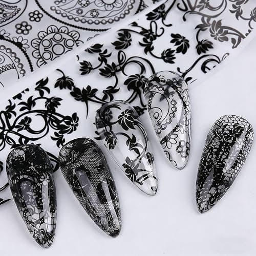 Lace Transferfolie Nägel, 10Rollen Schwarze Weiße Holographische Spitzen Nail Foils Blumen Floral Nagel Transferfolie Stickers Aufkleber für Nailart DIY Dekoration thumbnail 6