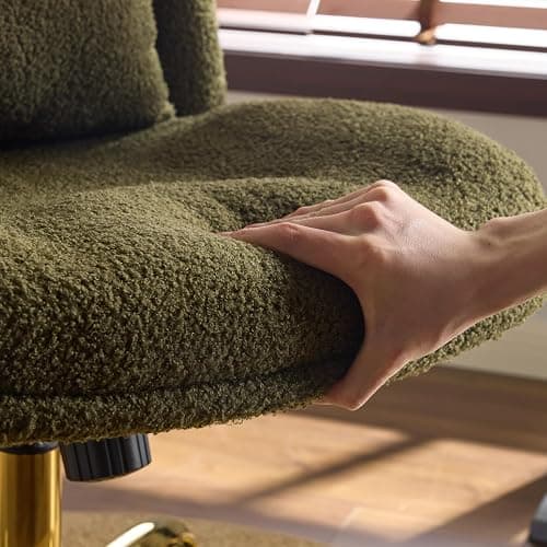 VINGLI Wide Criss Cross Legged Office Chair,Buttprint Ergonomic Desk Chair Comfy with Pillow&Gold Base,Dual-Use with/no Wheels,Adjustable Vanity Swivel Chair for Bedroom,Home Office,Teddy Fleece,Green thumbnail 4