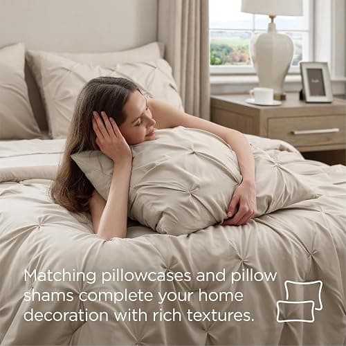 Bedsure Queen Comforter Set Beige - Bed in a Bag Queen Size Bedding 7 Pieces, GentleSoft™ Pintuck Bed Set Gift for Family, Pinch Pleat All Season Comforter with Sheets, Pillowcases & Shams thumbnail 6