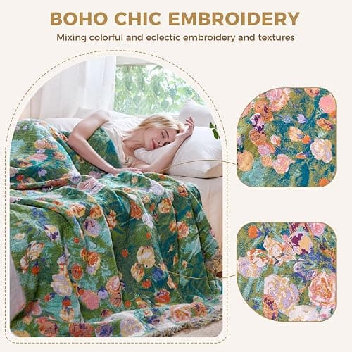 LUTBM Boho Throw Blanket for Bed Cotton Summer Blankets Twin Size for Bedroom Living Room All Season Lightweight Floral Embroidery Reversible Quilt for Couch Sofa Chair 60"x80" Home Decor thumbnail 4