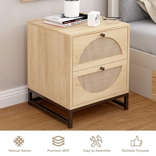 AWQM Rattan Nightstand Set of 2,Farmhouse End Table Set of 2,Wood Sofa Side Table,Accent Table with Storage, Bedside Table Accent Storage Cabinet for Bedroom Living Room,Metal Legs,Beige (W68837255) thumbnail 4