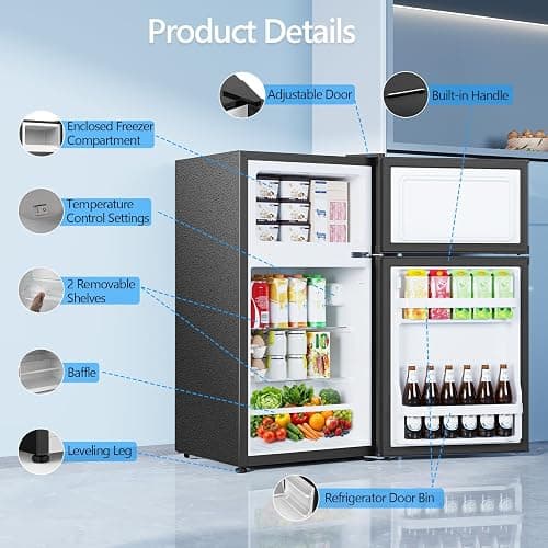 Electactic 2.5 Cu.Ft Mini Fridge with Freezer, Double-Door Compact Refrigerator, Adjustable Glass Shelves, Mechanical Thermostat & Leveling Feet, Space-Saving for Apartment/Dorm/Office, Black thumbnail 4