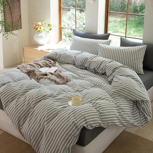 BESTDESIL Striped Duvet Cover Set,100% Washed Cotton Line Like Breathable Trendy Bedding Set(Strip-White/Black,Full) thumbnail 3