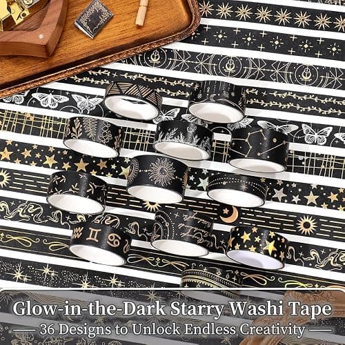 icceemee 36 Rolls Starry Theme Washi Tape Set with Celestial Patterns - Writeable Decorative Tapes for Scrapbooking, Junk Journal Supplies, Bullet Journaling 0.6" x 79" per Roll thumbnail 3
