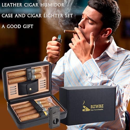 BZWBZ Travel Cigar Humidor Set,Torch Lighter with Cigar V Cutter, Hole Punch, Spanish Cedar Wood Humidor,Black Leather thumbnail 4