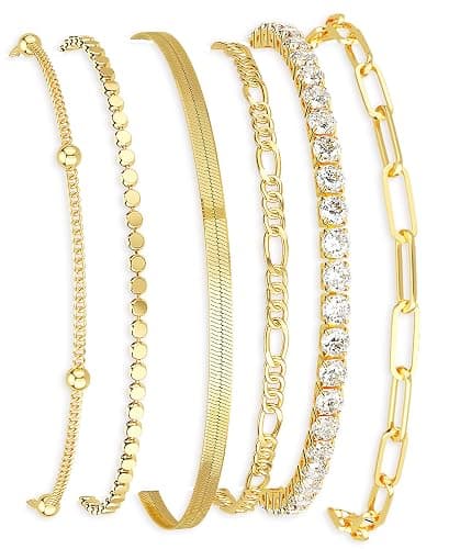 DEARMAY Waterproof Gold Plated Bracelets Set for Women Trendy, Dainty 14K Gold Jewelry Fashion Stackable Tennis Beaded Figaro Herringbone Paperclip Link Bracelet Pack Stack Gifts for Women - Image 1