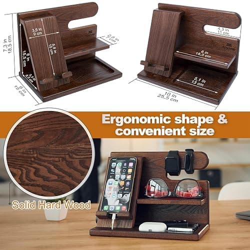 TESLYAR Wood Phone Docking Station for Men - Desktop or Nightstand Organizer - Birthday Gifts for Men, Dad - Anniversary Idea from Wife - Key Holder, Stand Wallet, Watch & Essentials (Bourbon Brown) thumbnail 8