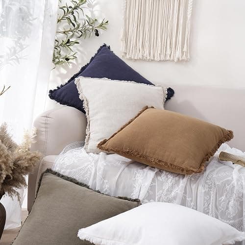 Foindtower Set of 2 Decorative Linen Fringe Throw Pillow Covers Cozy Boho Farmhouse Cushion Cover with Tassels Soft Accent Pillowcase for Couch Sofa Bed Living Room Home Decor,18×18 Inch,Khaki Brown thumbnail 5
