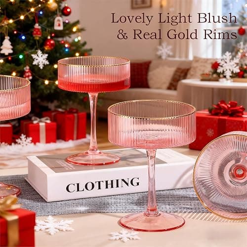 comfit Pink Martini Glasses Set of 4 with Golden Rim,10Oz Ribbed Colored Cocktail Glassware,Vintage Pink Couple Glasses, Elegant Bar Glassware for Martinis,Champagne,Wine（Gold Mixing Spoon Included） thumbnail 5