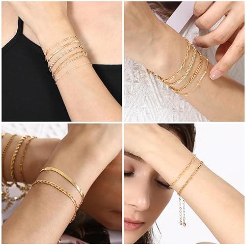 Lcuasc Gold Bracelets for Women Waterproof, 14K Real Gold Jewelry Sets for Women Trendy Thin Dainty Stackable Cuban Link Paperclip Chain Bracelet Pack Fashion Accessories Gifts for Womens thumbnail 3