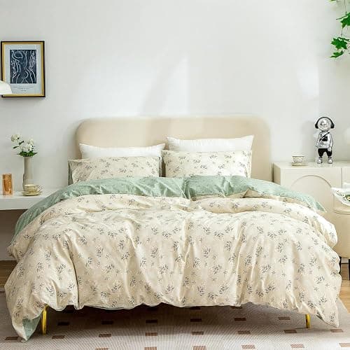 Duvet Cover King Size Floral, 100% Cotton 3 Pieces King Bedding Set Flowers, Garden Style Green Flower Pattern King Flower Duvet Cover, with Zipper Closure, Luxury Breathable Comfy - Image 1