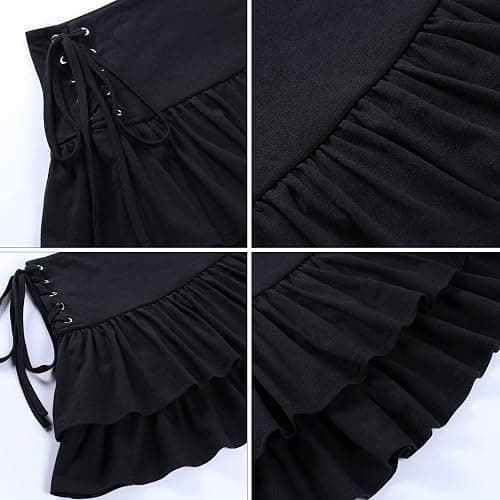 DINGJIUYAN Goth Aesthetic Black Pleated Skirt Vintage Ruffle Mini Skirts Streetwear High Waist Eyelet Bandage Summer Outfits thumbnail 2