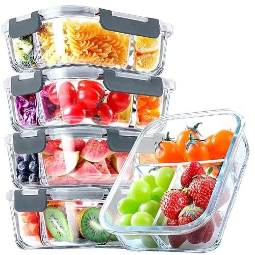 VERONES 5 Pack Glass Meal Prep Containers 3 Compartment Set, 36OZ Airtight Glass Lunch Containers, Glass Food Storage Containers with Lids, for Microwave, Oven, Freezer & Dishwasher Friendly,Grey - Image 1