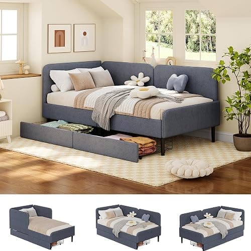 Ailisite Twin Size Corner Bed Frame with 2 Storage Drawers, Twin Size Daybed with Extended Headboard, Upholstered 2-in-One Multifuntion Bed Frame with Guardrails,Modern Bed Frame,Light Grey - Image 1