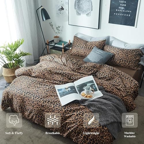 mixinni Leopard Print Comforter Set Twin XL-3 Pieces Animal Cheetah Printed Comforter Sexy Soft Fluffy Brown/Black Floral Print Bedding Set with 2 Pillowcases for All Season-Twin XL Size thumbnail 2