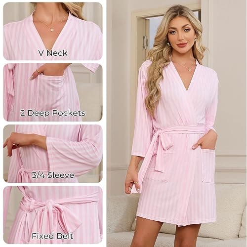 LYCY Robes for Women Striped Short Bathrobe, Soft Lightweight Kimono Robe with Pockets thumbnail 3
