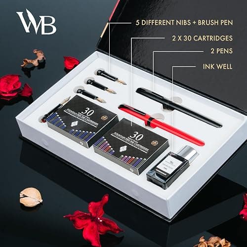 Wordsworth and Black Calligraphy Pen Set - Black - Includes 2 Calligraphy Pens, 18 ML Ink Bottle, 60 Ink Cartridges, Ink Refill Converter, 1 Medium and 4 Broad Nibs, Brush Pen thumbnail 2