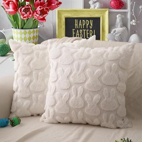 DFXSZ Easter Pillow Covers 18x18 inch Set of 2 Easter Decoration Cream White Rabbit Soft Plush Faux Fur Jacquard Throw Pillows for Bedroom Sofa Holiday Festivals Home Decor FHJ-010A18 - Image 1