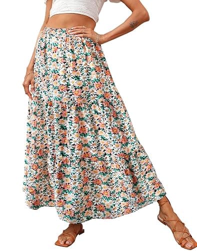 KIRUNDO Women's 2025 Fall High Waist Boho Floral Maxi Skirt Trendy Casual Flowy Swing Pleated A Line Beach Long Skirts - Image 1