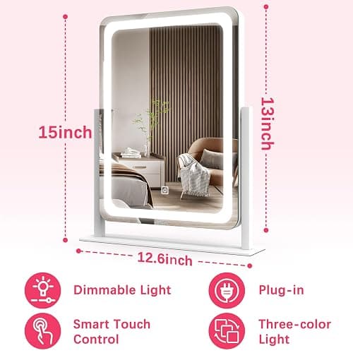 ROLOVE Vanity Mirror with Lights, 12.6"×15" LED Makeup Mirror, Lighted Makeup Mirror with Lights, Smart Touch Control Dimmable 3 Modes Light, Lighted Up Mirror for Makeup Desk, Bedroom, Dressing Room thumbnail 2