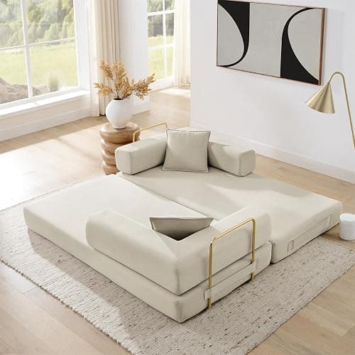 Vanress Convertible Folding Sofa Bed, Modern Futon Sleeper Sofa Fold Out Couch Bed with Gold Fixed Frame, Modular Floor Sofas Comfy Corduroy Boneless Couches for Living Room (78" Beige) thumbnail 8