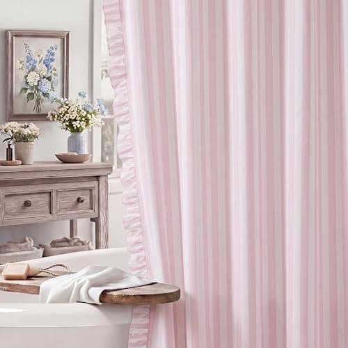 *BOUGHT* Pink Striped Shower Curtain with Ruffle Edge Cotton-Textured Shower Curtain 72x72 Inches Vintage Country Style Fabric Bath Decoration for Farmhouse Bathroom thumbnail 6