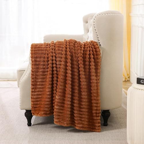 Burnt Orange Fleece Throw Blanket 50”×60” for Couch Sofa Livingroom | Linecooo Super Soft Cozy Plush Microfiber Flannel Bed Blanket Striped Design Lightweight Home Decor Gifts for Adult Mom Women thumbnail 4