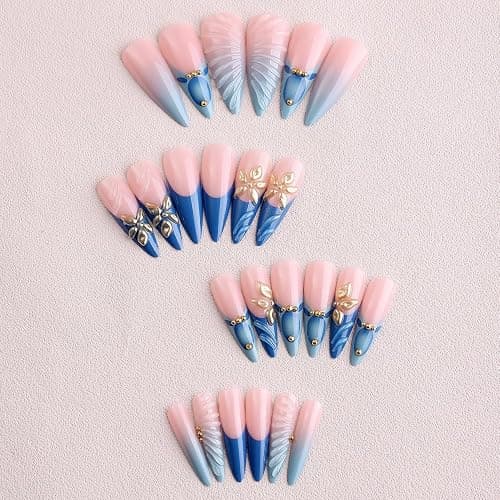 Almond Press on Nails Blue French Tip Fake Nails with Gold 3D Flower Water Ripple Designs Full Cover Acrylic Nail False Nails Long Glossy Stick on Nails for Women Girls Manicure Decor 24 Pcs thumbnail 4