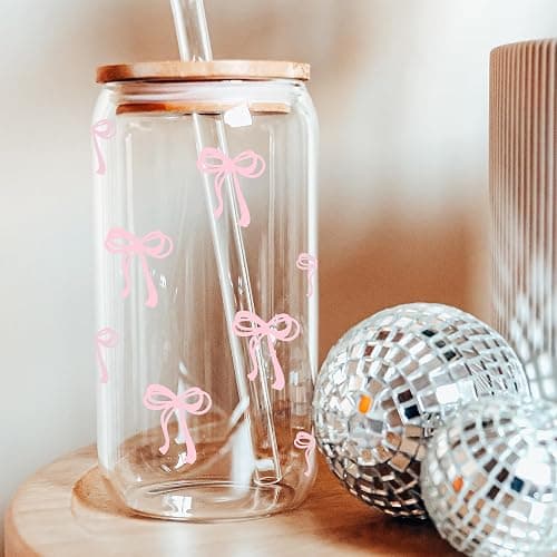 Coquette Cute Pink Bow Glass Cups with Lids and Straws, Aesthetic Iced Coffee Matcha Cup, Girly Preppy Design Tumbler Mug, Valentines Christmas Birthday Gifts for Women, Teen Girl Gifts Trendy Stuff thumbnail 6