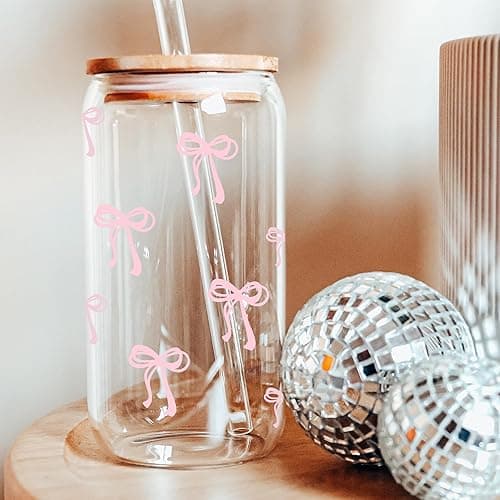 BIPEDS Coquette Cute Pink Bow Glass Cups with Lids and Straws, Aesthetic Iced Coffee Cup, Girly Preppy Design Tumbler Mug, Birthday Valentines Christmas Gifts for Women, Teen Girl Gifts Trendy Stuff thumbnail 7