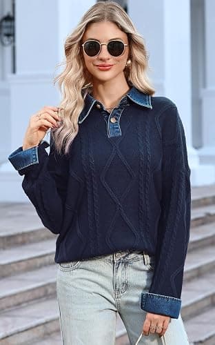 Soesdemo Womens Oversized Cable Knit Sweaters Chunky Long Sleeve Button Up Denim Polo Neck Knit Pullover Tunic Sweaters thumbnail 2