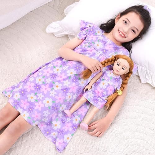 ICOSY Matching Doll & Girls Nightgowns Clothes Girls Pajamas Sleepwear Outfit for Kids and American 18" Girl Doll thumbnail 6