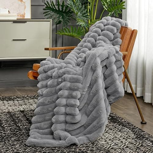 Cozy Bliss Faux Fur Throw Blanket for Couch, Cozy Warm Plush Striped Blanket for Sofa Bedroom Living Room, 50 * 60 Inches Gray thumbnail 5