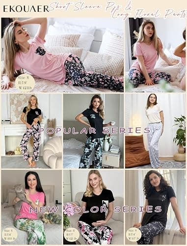 Ekouaer Pajama Sets for Women Short Sleeve Pj Set V Neck Sleepwear Chest Pocket with Long Pants Casual Loose Loungewear thumbnail 2