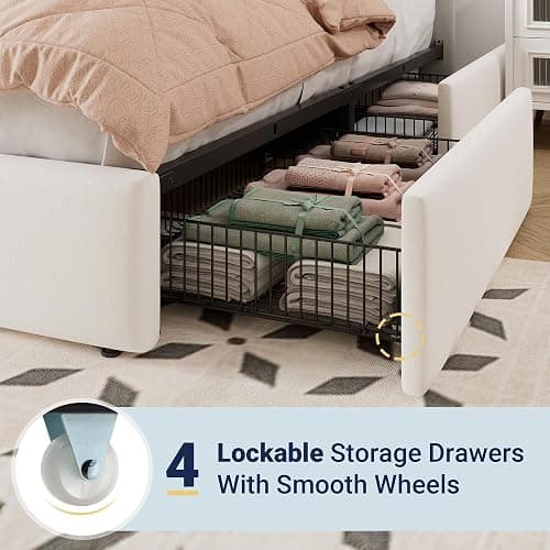 Allewie Full Size Storage Bed Frame, Vertical Channel Tufted Adjustable Headboard, Velvet Upholstered Platform Bed with 4 Oversized Underbed Drawers, Wooden Slats Support, No Box Spring Needed, White thumbnail 5
