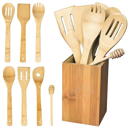 IGA Organic Bamboo Cooking Utensils Set Spoons, Spatulas With Holder For High Heat Resistant In Nonstick Pots, Pans & Cast Irons Skillets (8-Piece Set) Great Gift Idea For Everyday Use thumbnail 8