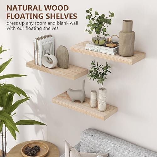 fuqing Natural Wood Floating Shelves - Wood Floating Shelves for Wall Set of 3-17 Inch Wide x 6.7 Inch Deep Natural Wooden Shelves for Living Room Bedroom Home Office thumbnail 6