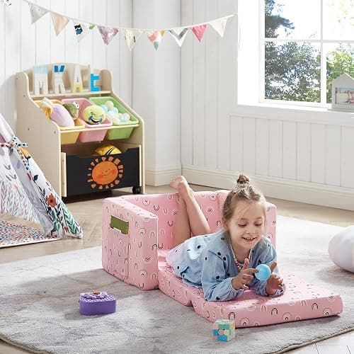 Ulax furniture Kids Fold Out Couch 2-in-1 Children Convertible Sofa to Lounger with Soft Plush Fabric(Pink Rainbow) thumbnail 4