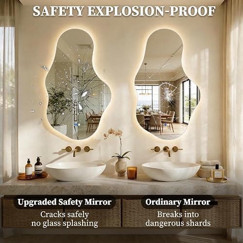 Irregular LED Bathroom Mirror with Lights, Backlit Vanity Mirror for Wall | Asymmetrical Wall Mirror, 3 Color Dimmable, Smart Anti-Fog, Wavy Decorative Mirror for Bathroom, Entryway(22″ x 36″, 1 Pack) thumbnail 9