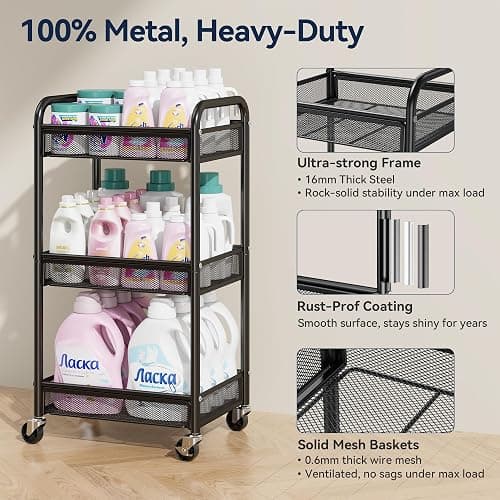  3 Tier Rolling Cart – Metal Utility Storage Carts with Wheels, Craft Cart Organizer with Hanging Cups, Hooks, Mesh Basket for Bedside Kitchen Office Art, Black thumbnail 3