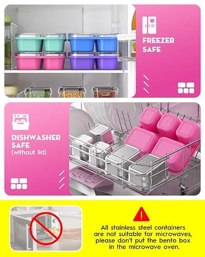 BiuLeon Snackle Box Containers, Stainless Steel 5 Compartments Divided Serving Tray with Lid, Removable LeakProof Portable Bento Box for Fruit Candy Nuts Food - School, Picnic and Travel（Pink） thumbnail 7