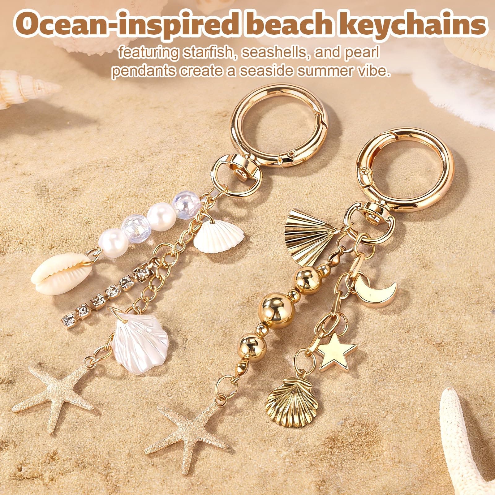 Mikovivi 2pcs Beach Keychains for Women, Gold Plated Starfish Shell Key Chains Beach Bag Charms with Coastal Theme Accessories for Your Summer Travel Bag (2 Styles) thumbnail 2