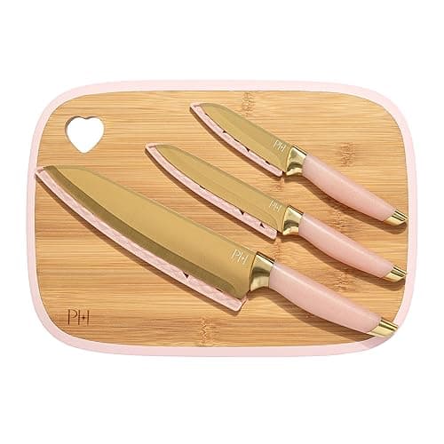 Paris Hilton Bamboo Cutting Board for Kitchen, Reversible Cutting Board and Cutlery Set with High Carbon Stainless Steel Knives and Blade Guards, Comfortable Handle Grips, 7-Piece Set, Gold and Pink - Image 1