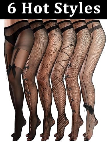Ramede 6 Pairs Women Fishnet Thigh High Stockings Waist Tights Bow Patterned Fishnet Leggings Pantyhose for Halloween thumbnail 5