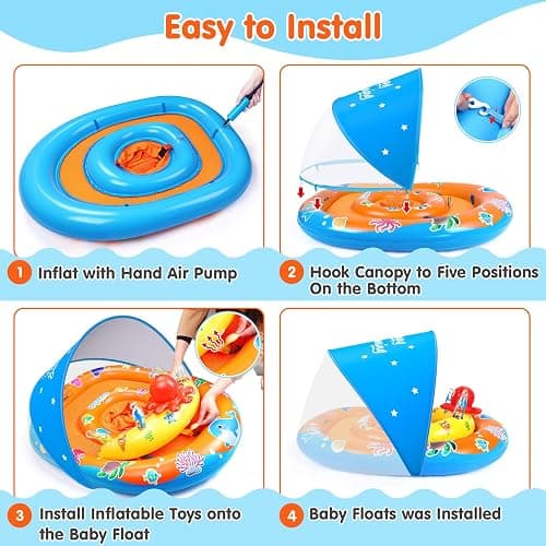 EZIGO Baby Pool Float with Canopy UPF 50+ Sun Protection, Double Air Chambers Infants Swimming Floats with Sound Toys Adjustable Safety Seat Toddler Float for Boys and Girls 6-36 Months thumbnail 6