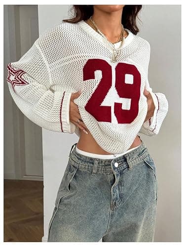 BEAUDRM Women's Y2k Tops Graphic Oversized Crochet Jersey Shirt V Neck Long Sleeve Knit Pullover Sweater Going Out Top thumbnail 4